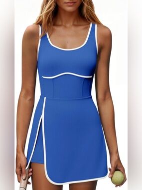 Tennis Dress Blue White Trim Built In Shorts Pickleball Golf Athletic Small